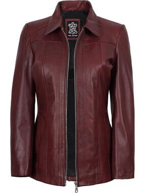 Women’s Maroon  Leather Shirt Collar Long Coat Jacket